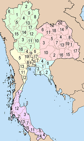 Mapa con la enumeración de las 76 provincias de Tailandia